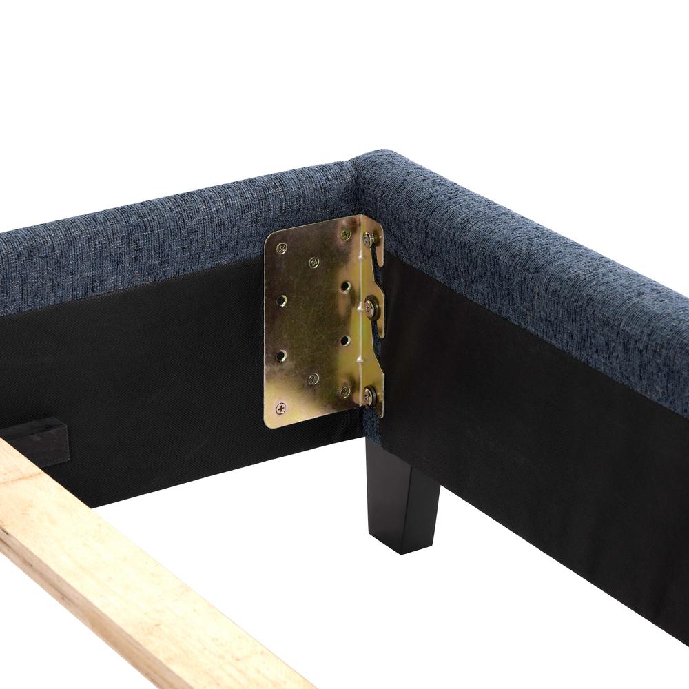 King Size Tall Blue Denim Square Headboard Upholstered Platform Bed. Picture 6