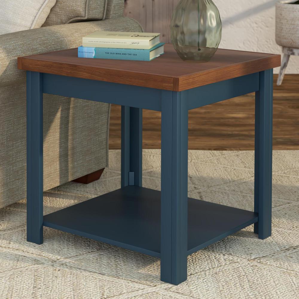 Blue Denim and Whiskey Brown Finish Open Storage Side Table. Picture 2