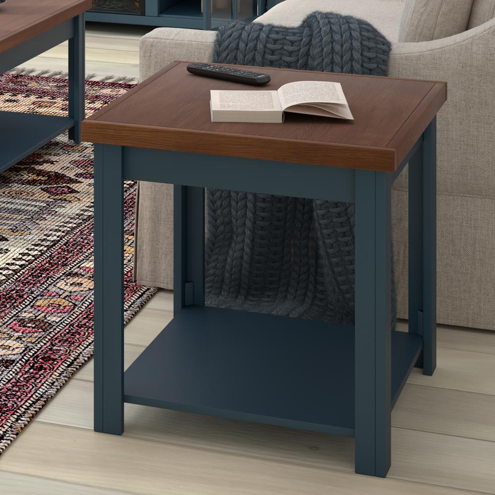 Blue Denim and Whiskey Brown Finish Open Storage Side Table. Picture 2