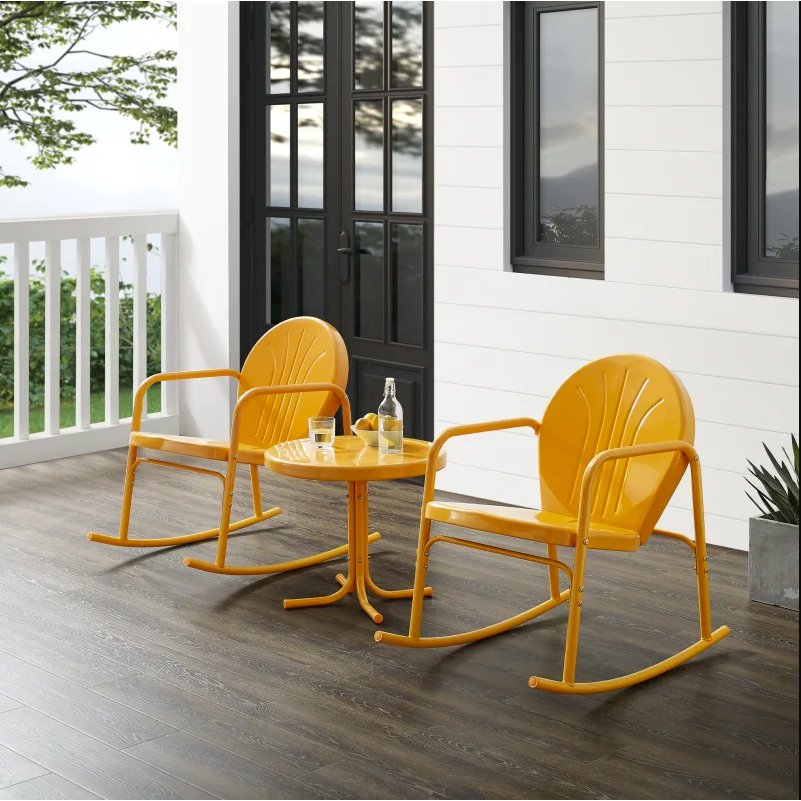 Griffith 3Pc Outdoor Metal Rocking Chair Set Tangerine Gloss - Side Table & 2 Rocking Chairs. Picture 3