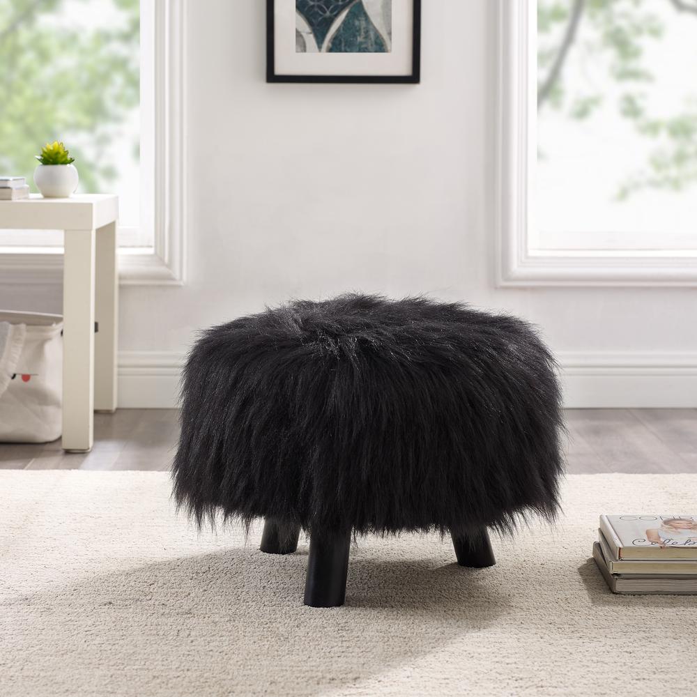 Black Faux Fur Foot Stool (16 Inches Wide). Picture 8
