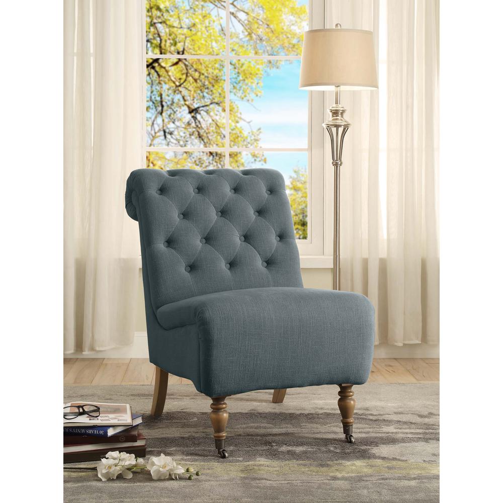 Cora Washed Blue Linen Roll Back Tufted Chair. Picture 2