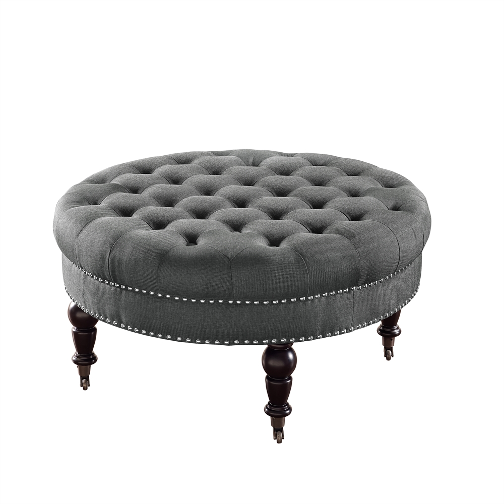 Isabelle Charcoal Round Tufted Ottoman. Picture 1