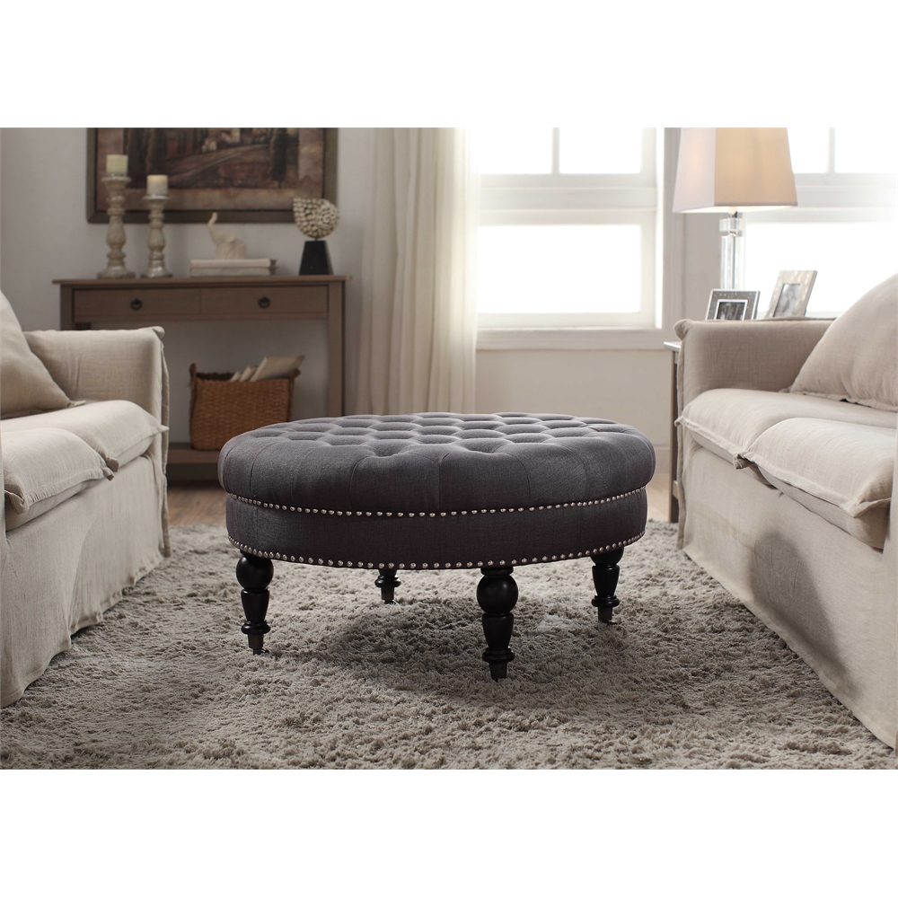 Isabelle Charcoal Round Tufted Ottoman. Picture 2