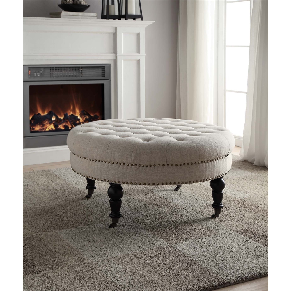Isabelle Natural Round Tufted Ottoman. Picture 2