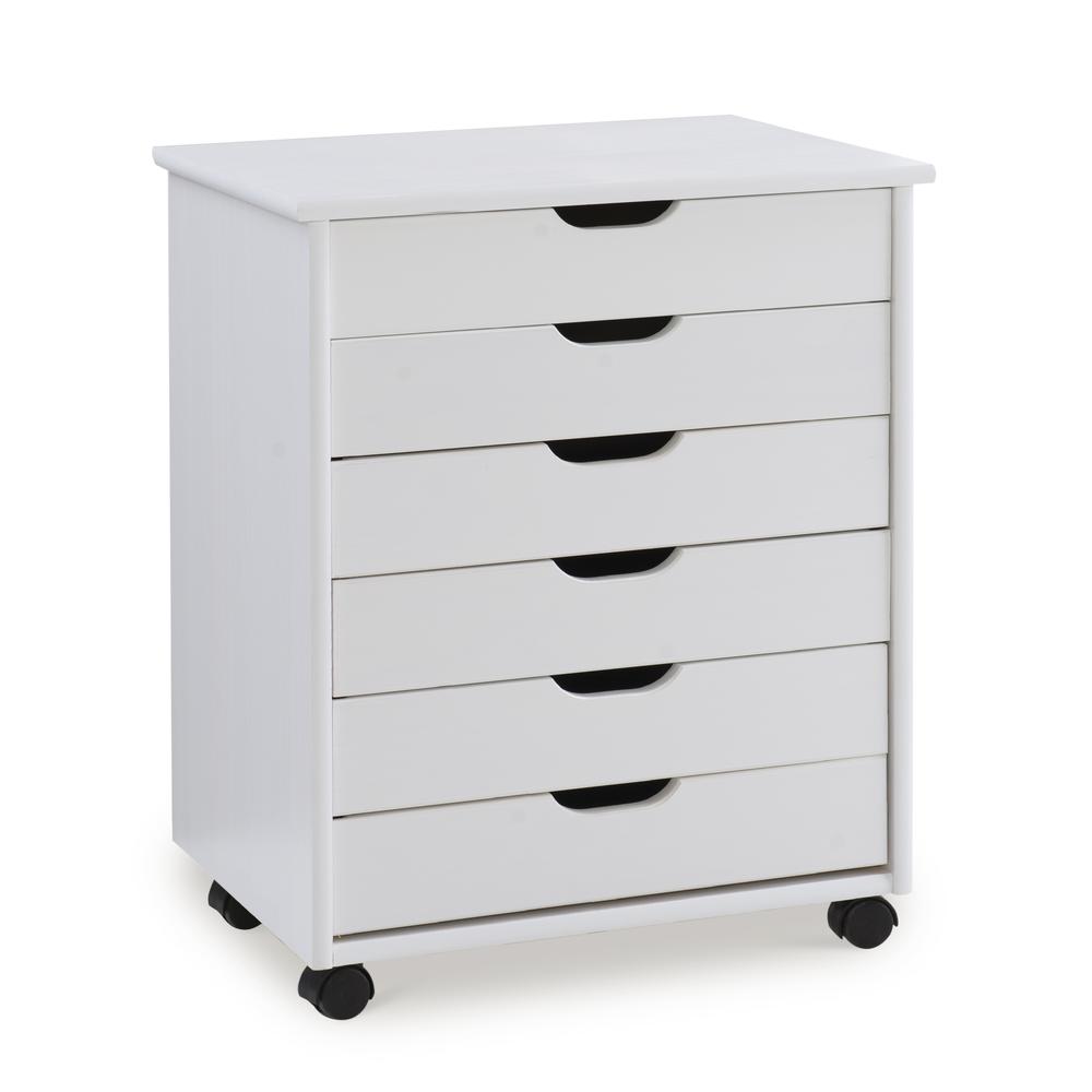 Cary Six Drawer Wide Roll Cart, White Wash. Picture 1