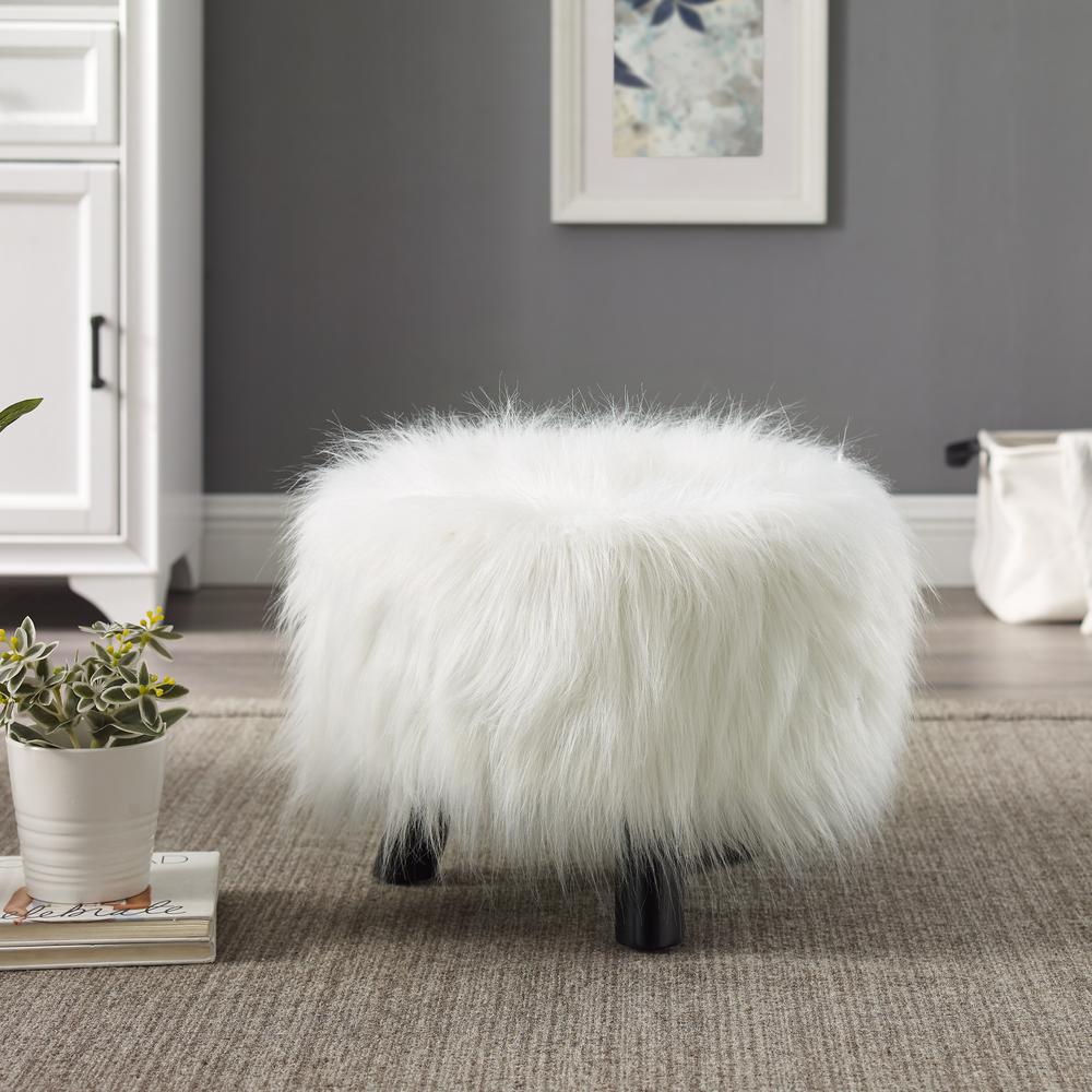 White Faux Fur Foot Stool (16 Inches Wide). Picture 1