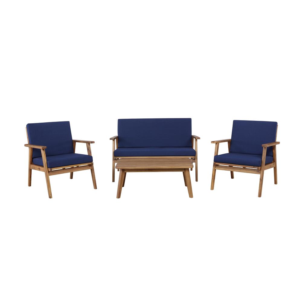 Cole Outdoor Chat 4 Piece Seating Set With Blue Cushions. Picture 9