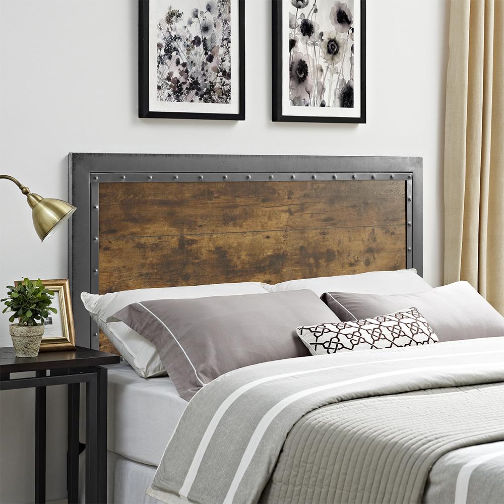 Queen Size Industrial Wood and Metal Panel Headboard - Brown. Picture 5