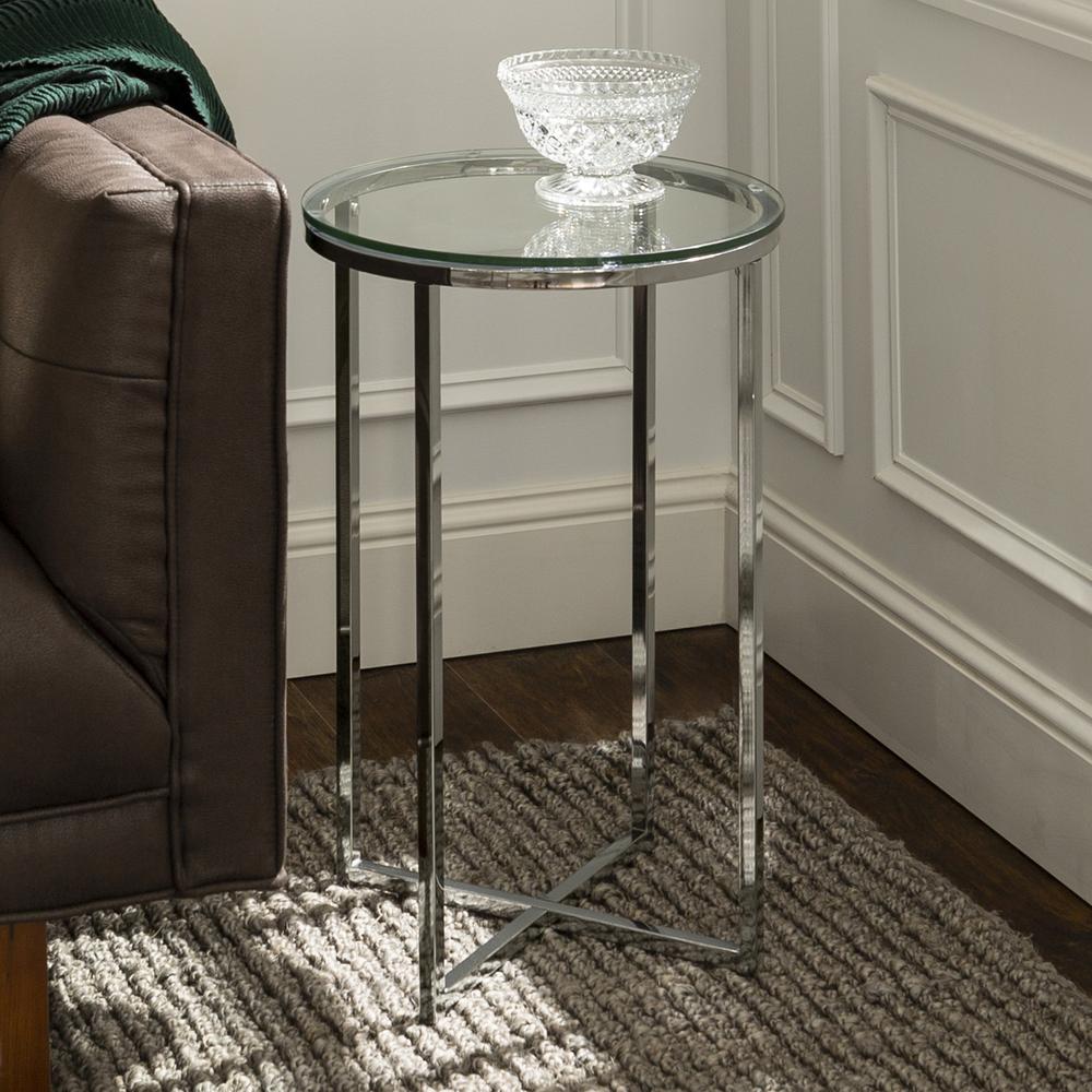 Modern Glam 2-Piece Metal-X Leg Side Table Set – Glass/Chrome. Picture 3