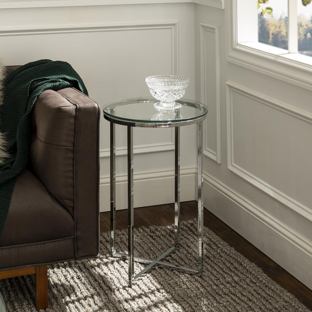 Modern Glam 2-Piece Metal-X Leg Side Table Set – Glass/Chrome. Picture 4
