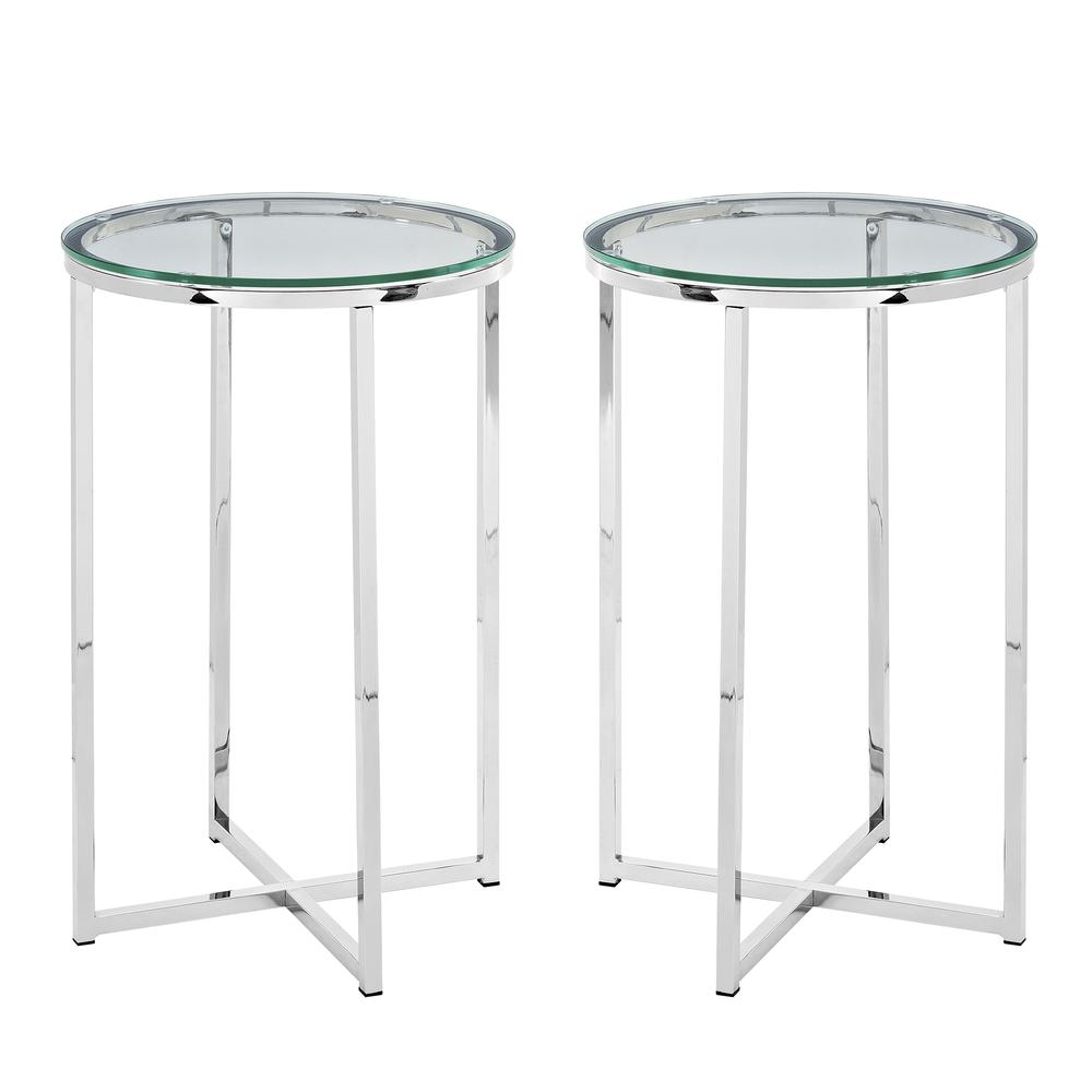 Modern Glam 2-Piece Metal-X Leg Side Table Set – Glass/Chrome. Picture 1