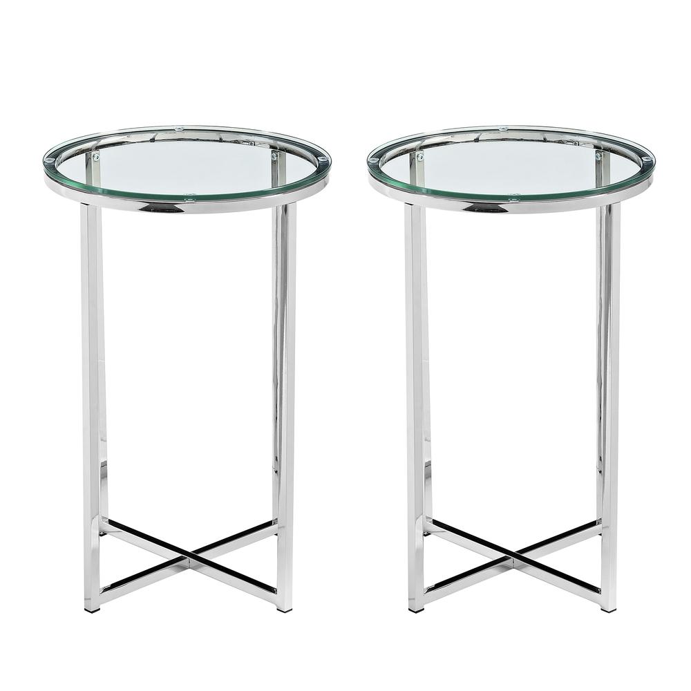 Modern Glam 2-Piece Metal-X Leg Side Table Set – Glass/Chrome. Picture 2