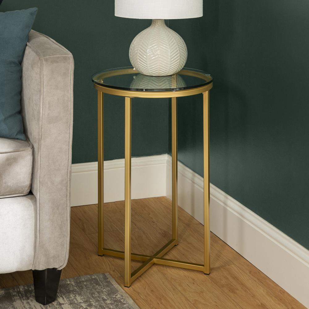 Modern Glam 2-Piece Metal-X Leg Side Table Set – Glass/Gold. Picture 1