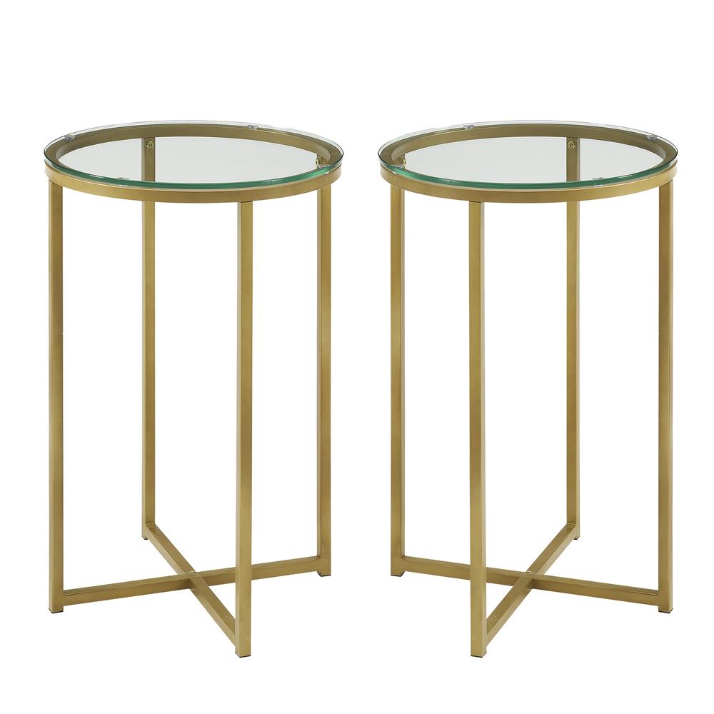 Modern Glam 2-Piece Metal-X Leg Side Table Set – Glass/Gold. Picture 2