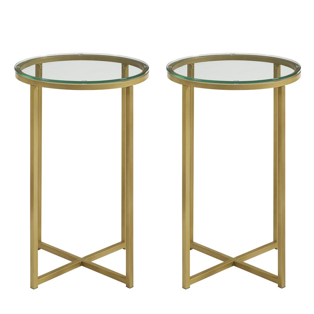 Modern Glam 2-Piece Metal-X Leg Side Table Set – Glass/Gold. Picture 3