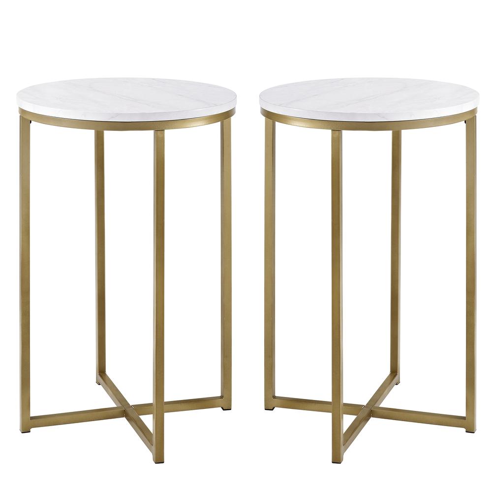 Modern Glam 2-Piece Metal-X Leg Side Table Set – Faux White Marble/Gold. Picture 1