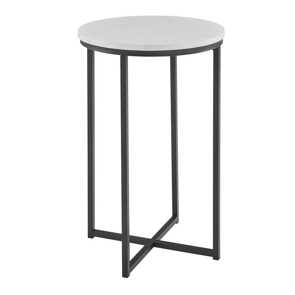 Alissa 16" Round Side Table - Faux White Marble/Black. Picture 1