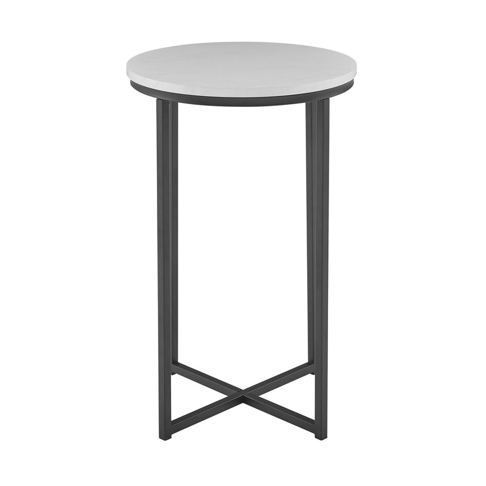 Alissa 16" Round Side Table - Faux White Marble/Black. Picture 2