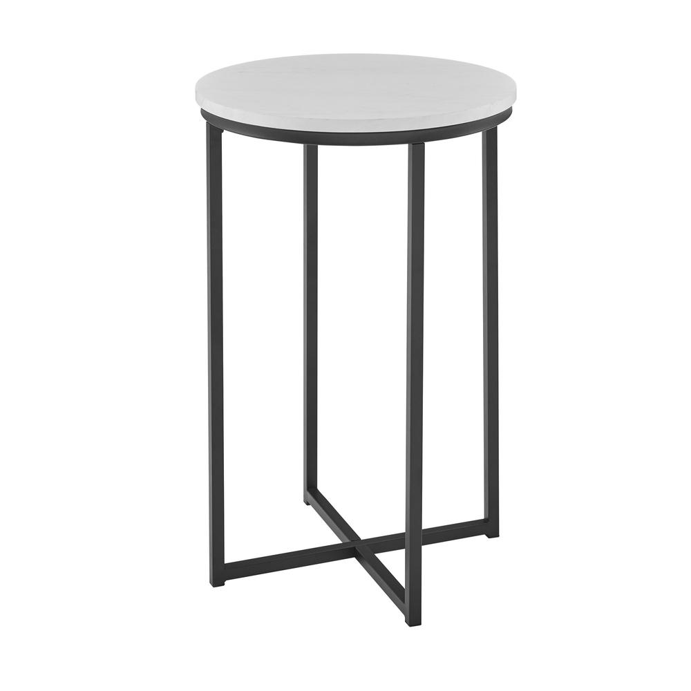 Alissa 16" Round Side Table - Faux White Marble/Black. Picture 3