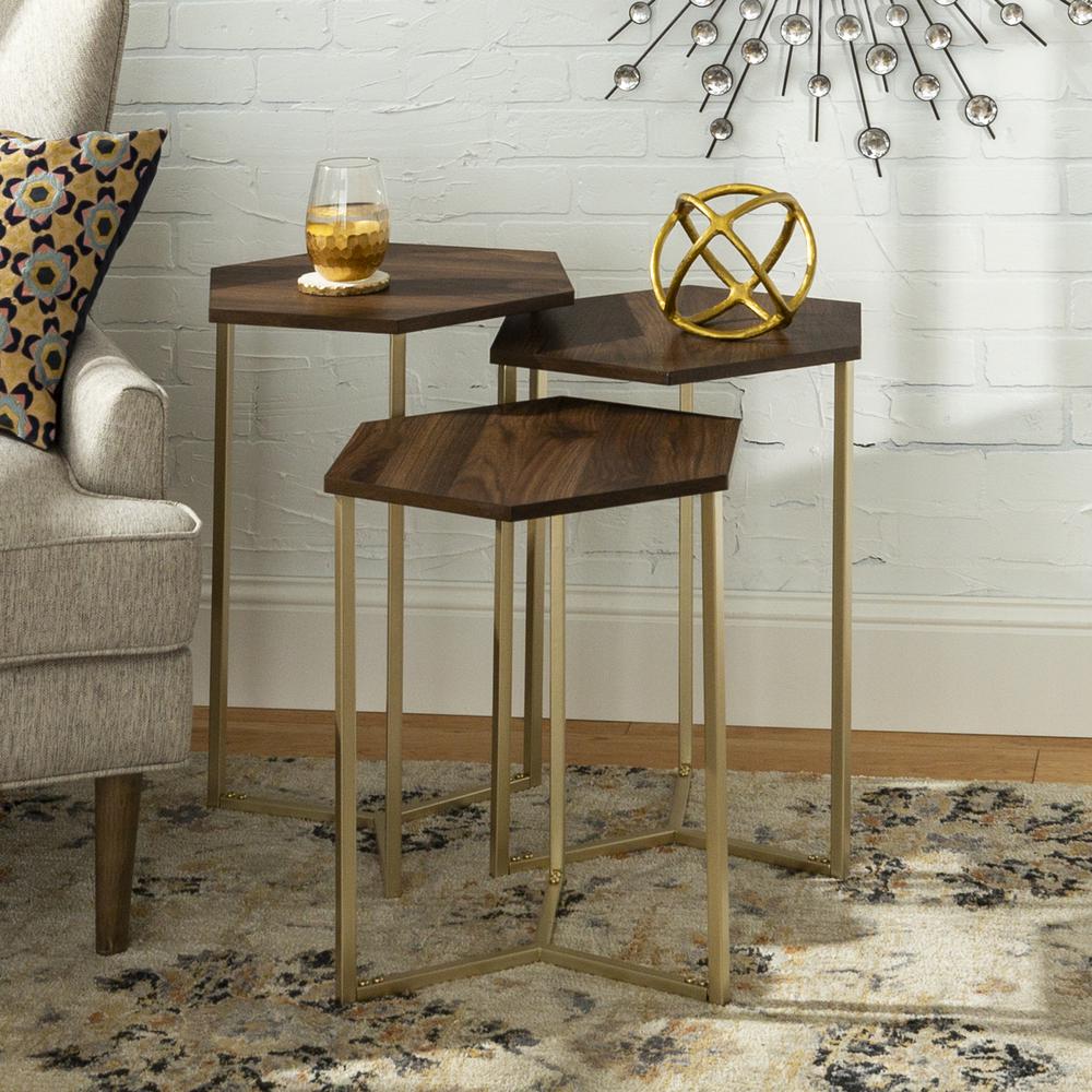 Set of 3 Hex Wood and Metal Nesting Tables- Dark Walnut/ Gold. Picture 2
