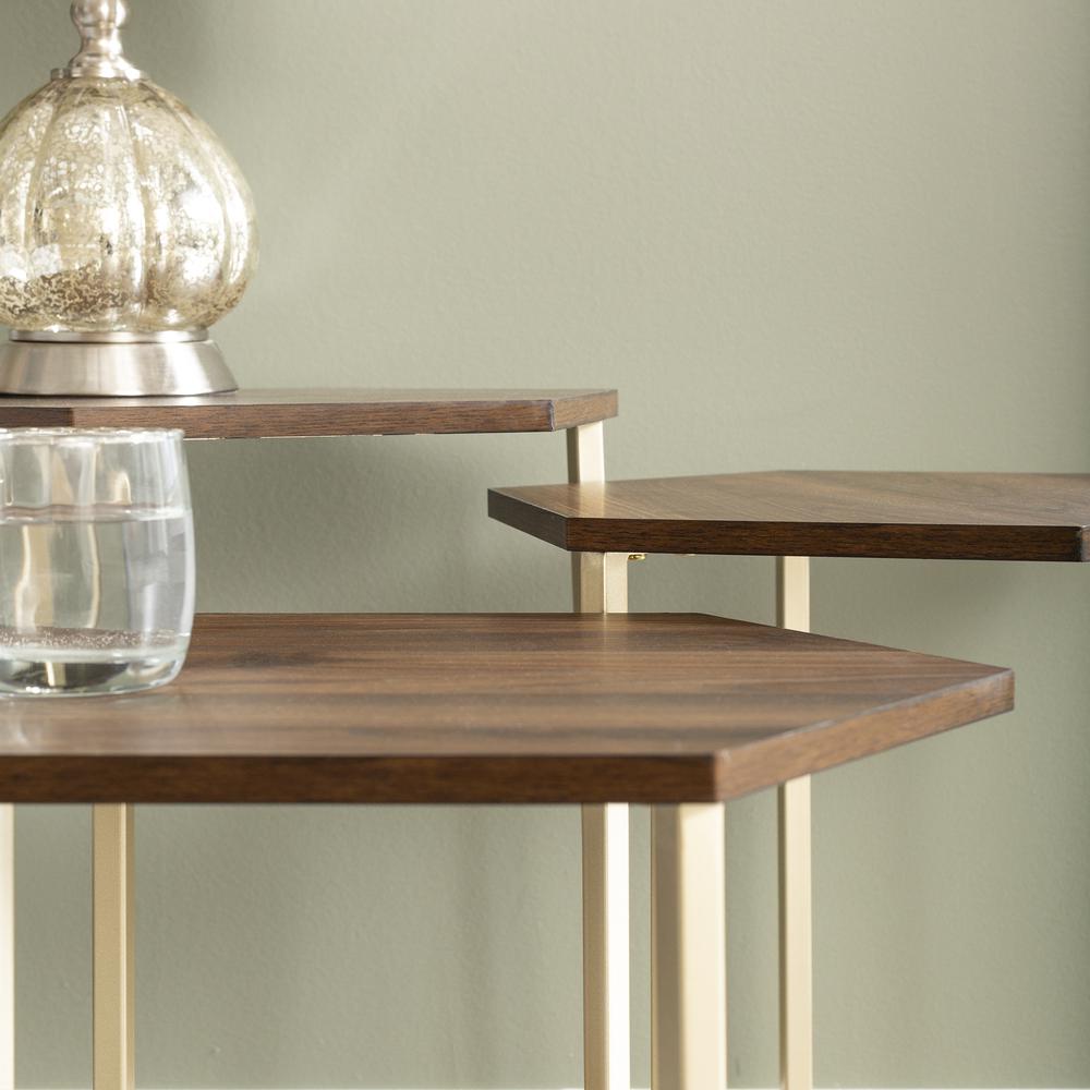 Set of 3 Hex Wood and Metal Nesting Tables- Dark Walnut/ Gold. Picture 1