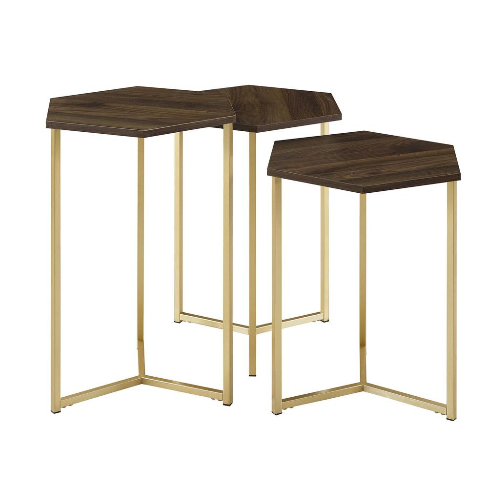 Set of 3 Hex Wood and Metal Nesting Tables- Dark Walnut/ Gold. Picture 3