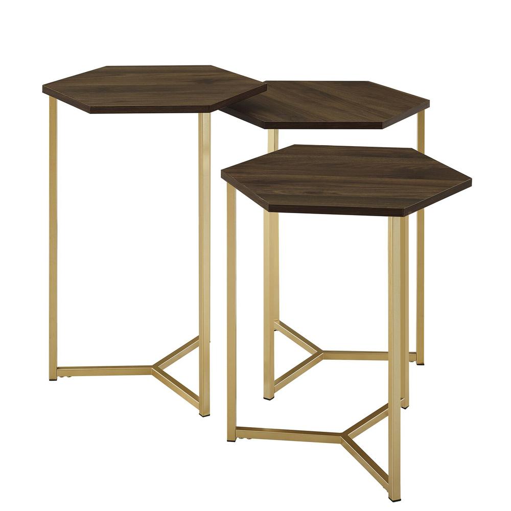 Set of 3 Hex Wood and Metal Nesting Tables- Dark Walnut/ Gold. Picture 4