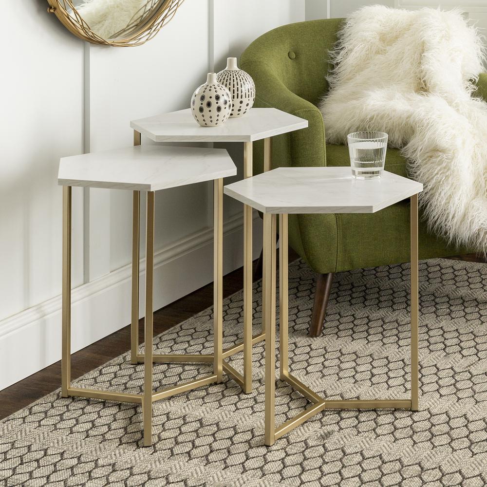 Set of 3 Hex Wood and Metal Nesting Tables- White Faux Marble/ Gold. Picture 2