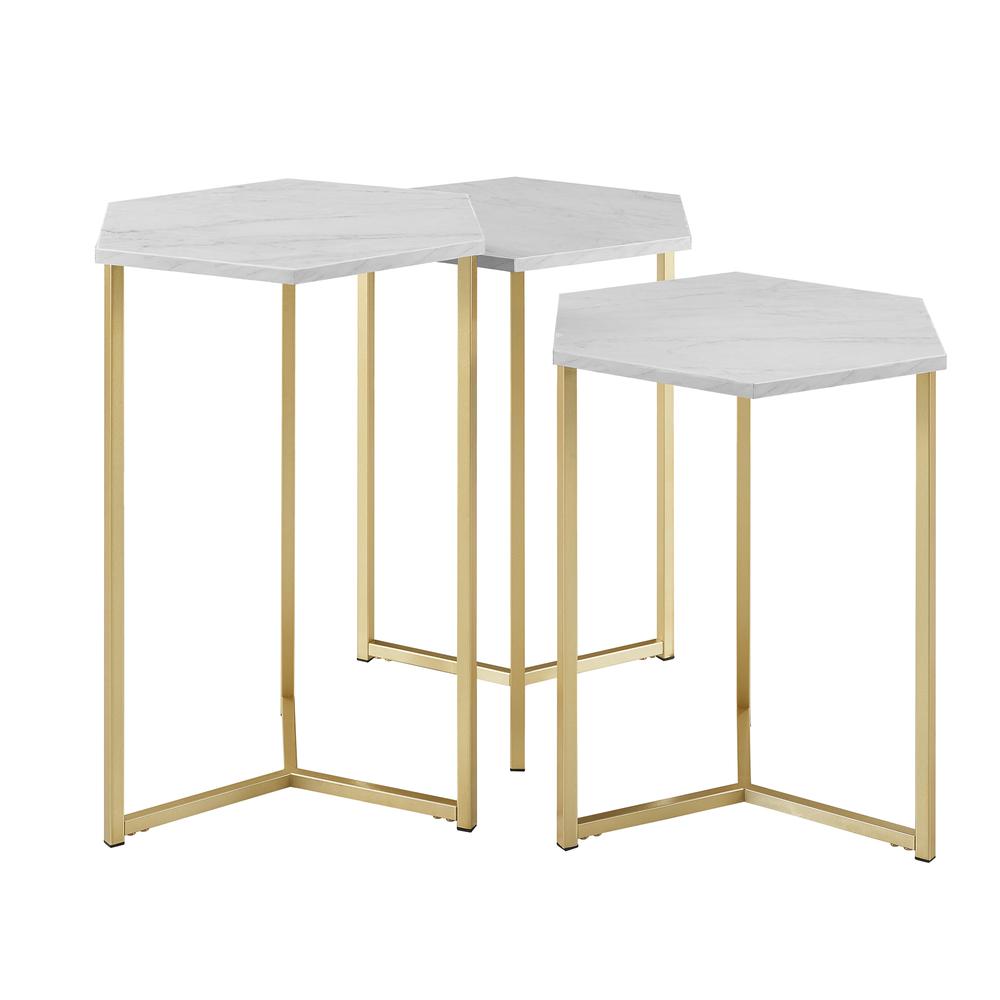 Set of 3 Hex Wood and Metal Nesting Tables- White Faux Marble/ Gold. Picture 3