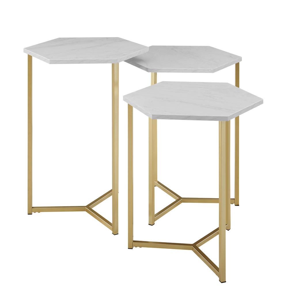Set of 3 Hex Wood and Metal Nesting Tables- White Faux Marble/ Gold. Picture 4