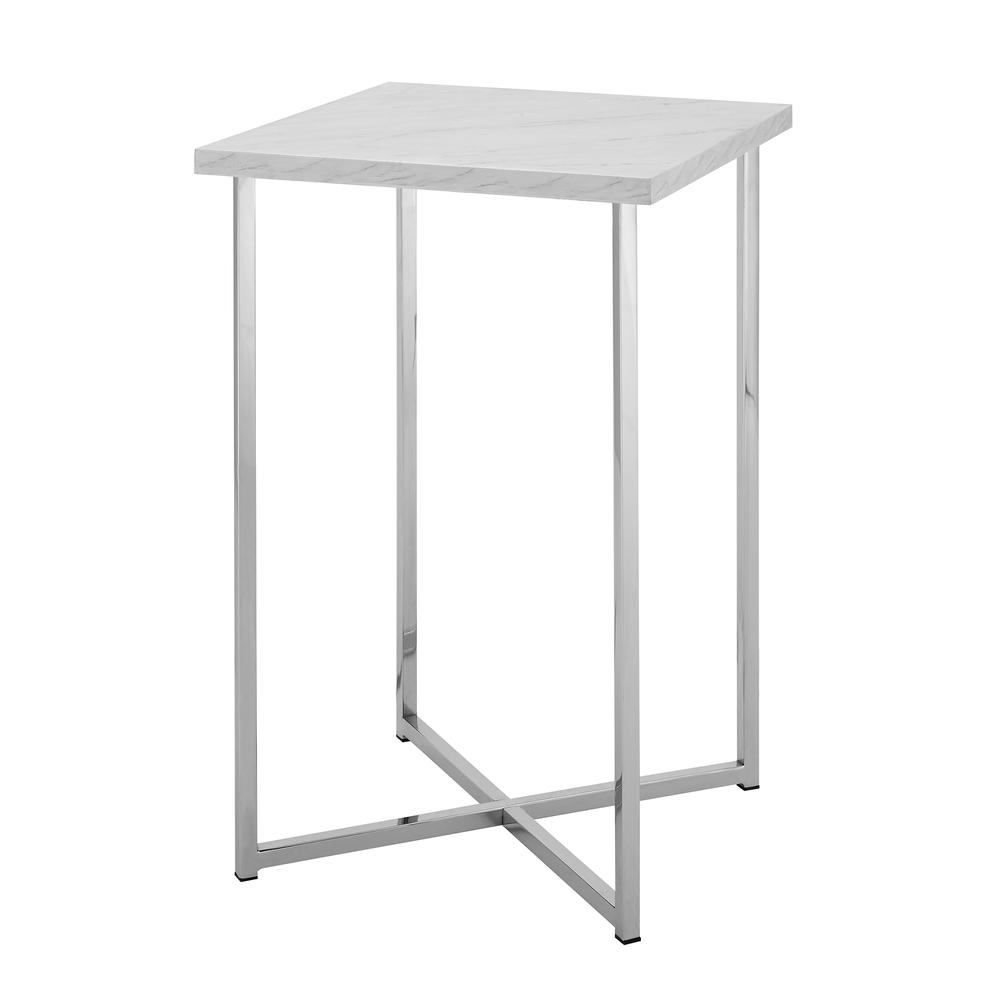 16" Square End Table - White Faux Marble / Chrome. Picture 1