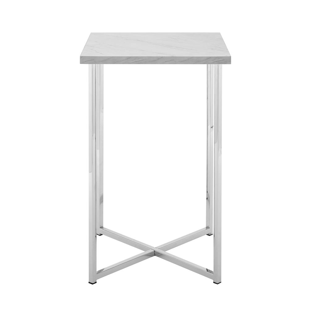 16" Square End Table - White Faux Marble / Chrome. Picture 3