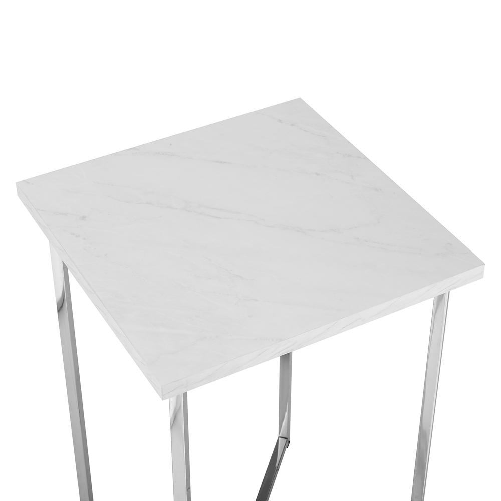 16" Square End Table - White Faux Marble / Chrome. Picture 4