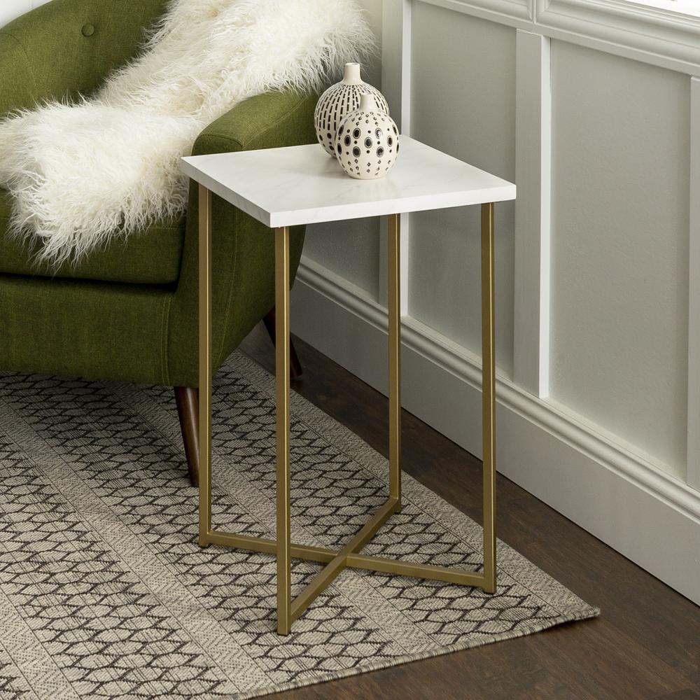 16" Square End Table - White Faux Marble / Gold. Picture 2