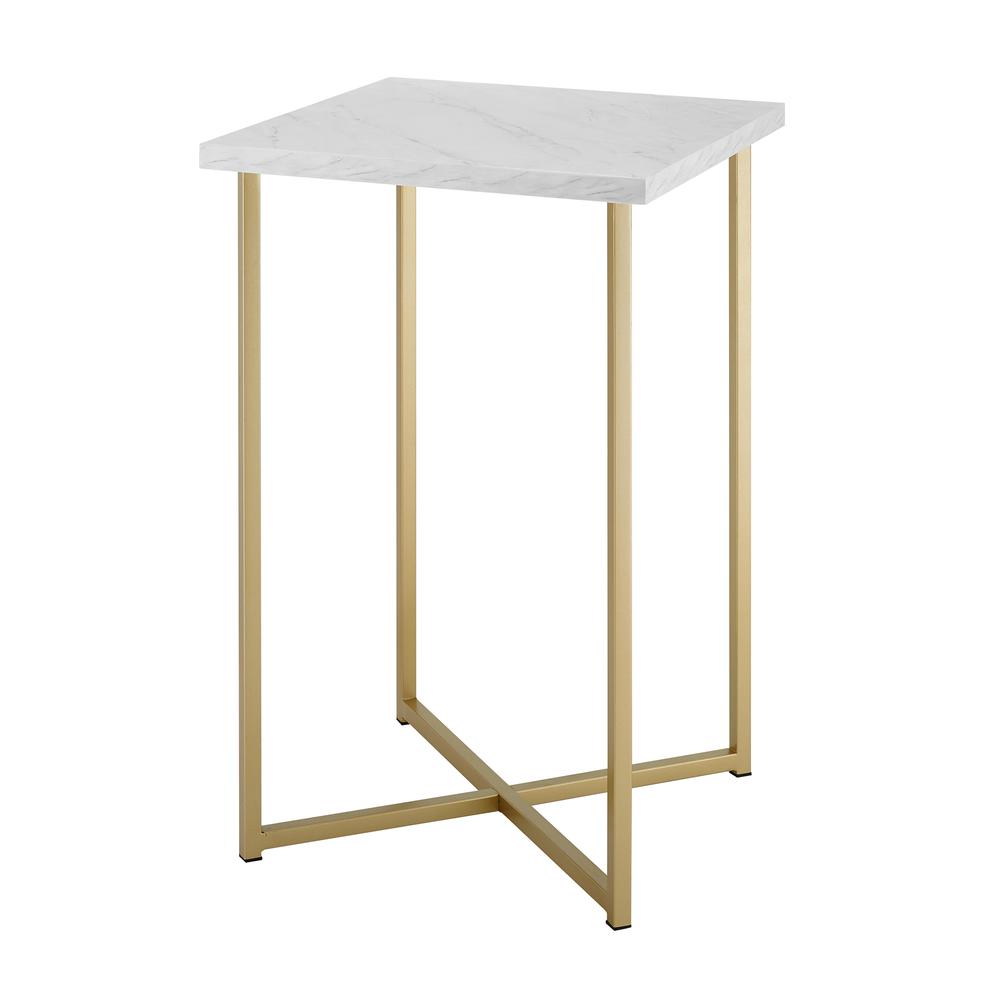 16" Square End Table - White Faux Marble / Gold. Picture 1