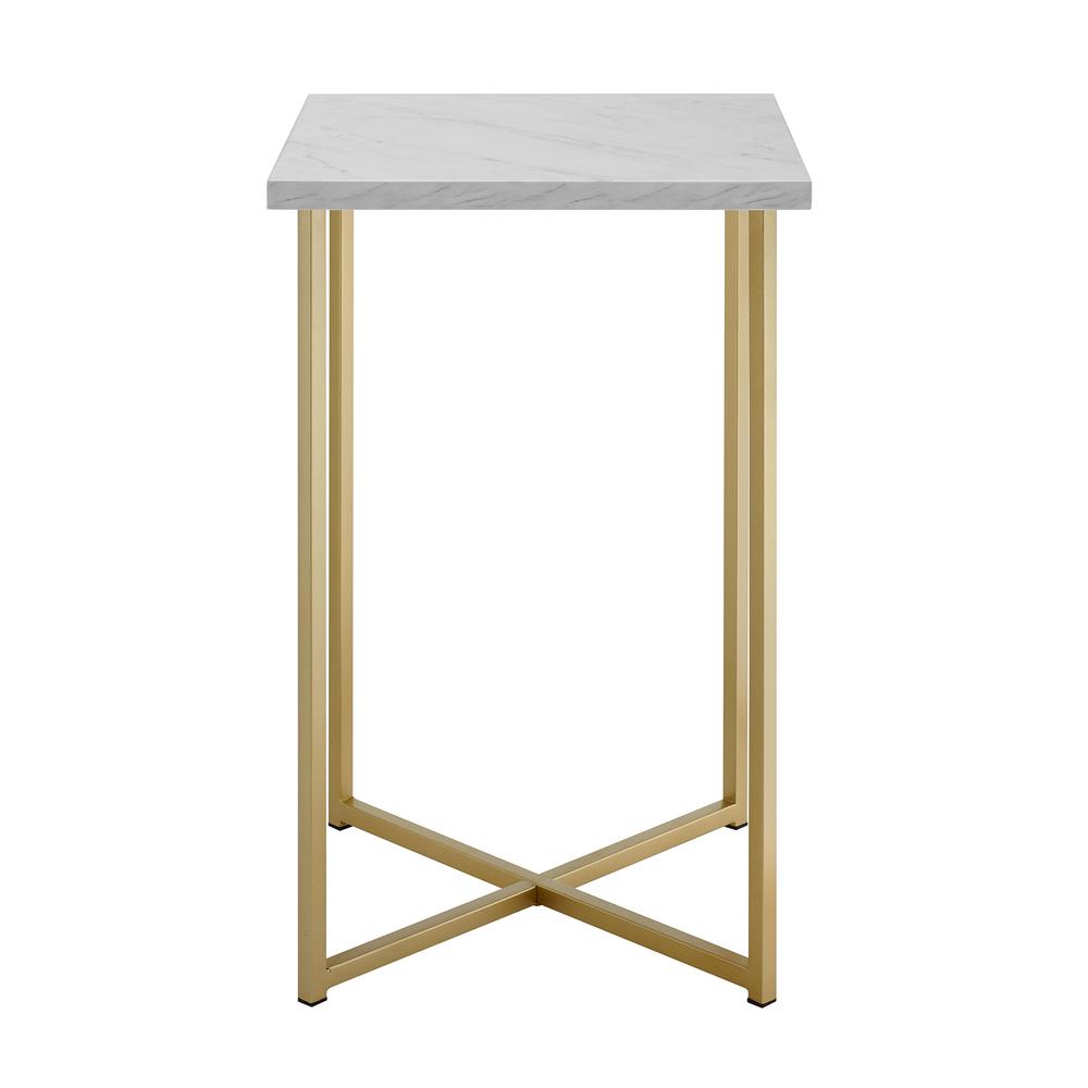 16" Square End Table - White Faux Marble / Gold. Picture 3