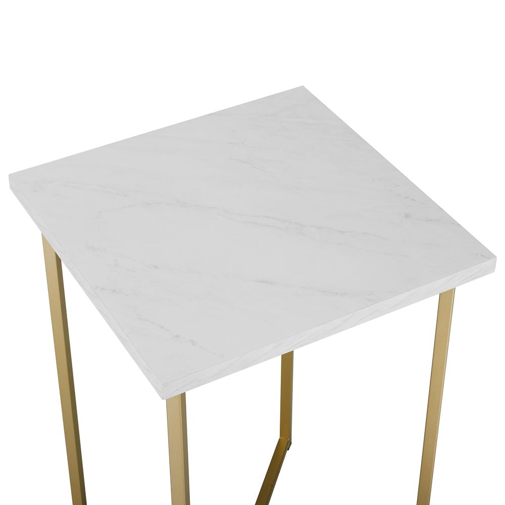 16" Square End Table - White Faux Marble / Gold. Picture 4
