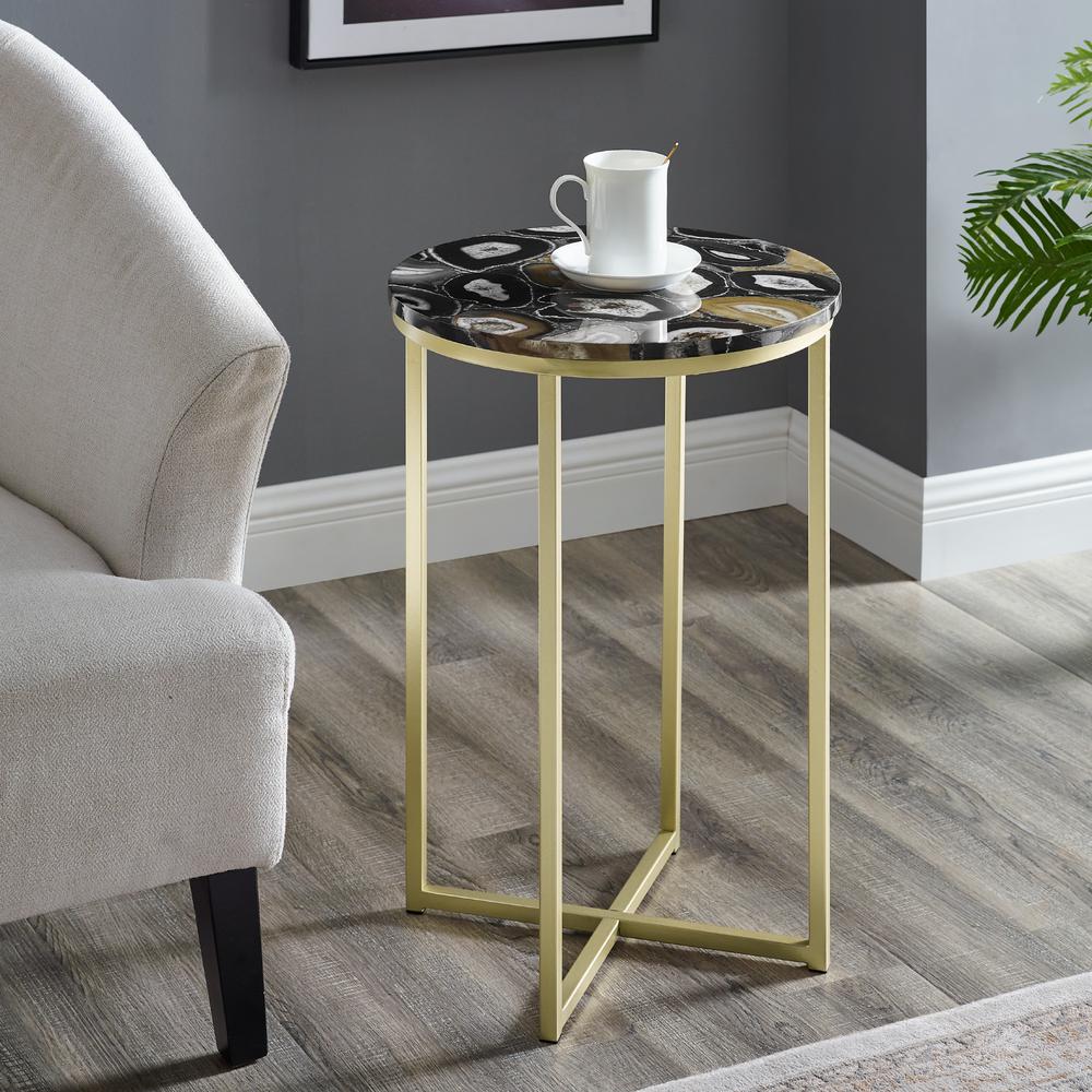 Melissa 16" Faux Stone Round Glam Side Table - Faux Black Agate/Gold. Picture 5