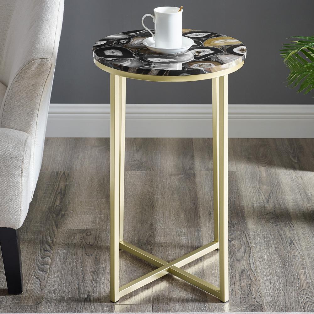 Melissa 16" Faux Stone Round Glam Side Table - Faux Black Agate/Gold. Picture 4