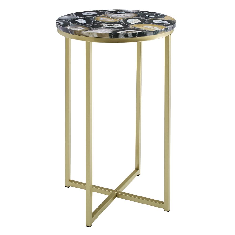 Melissa 16" Faux Stone Round Glam Side Table - Faux Black Agate/Gold. Picture 1