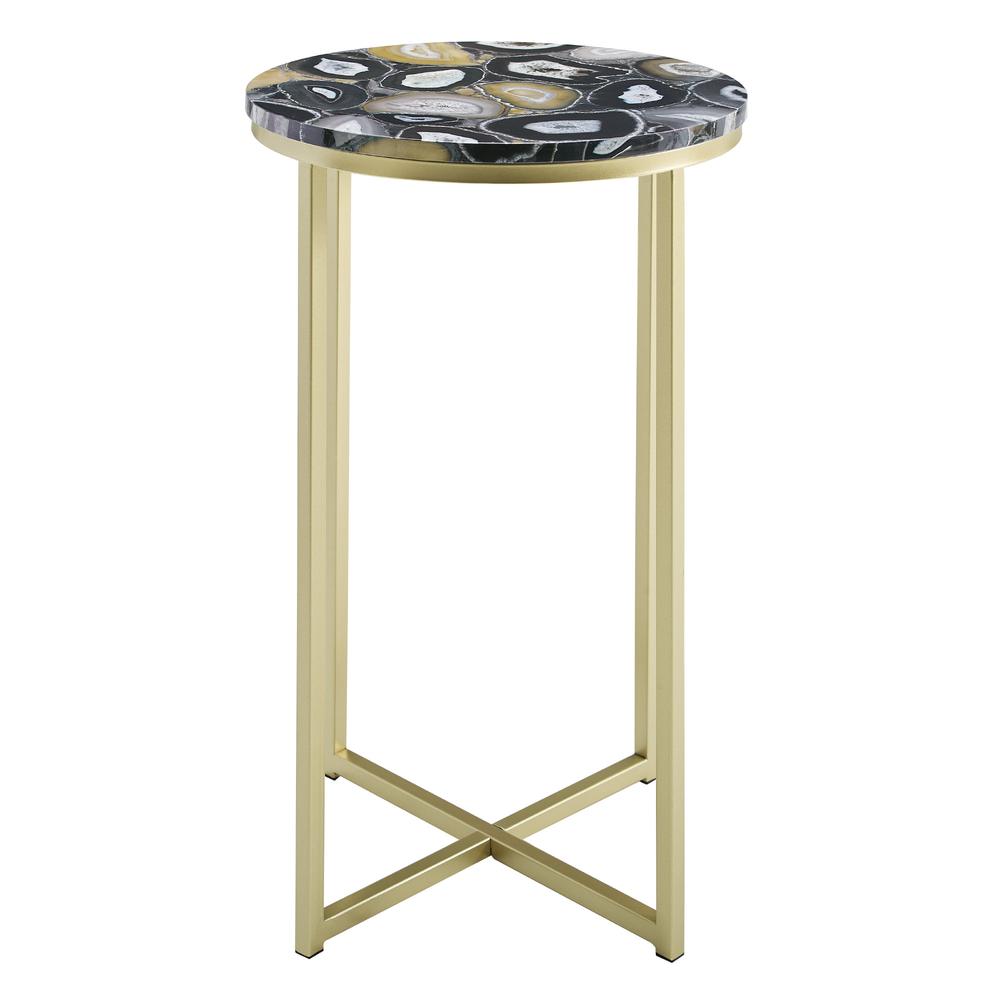 Melissa 16" Faux Stone Round Glam Side Table - Faux Black Agate/Gold. Picture 2
