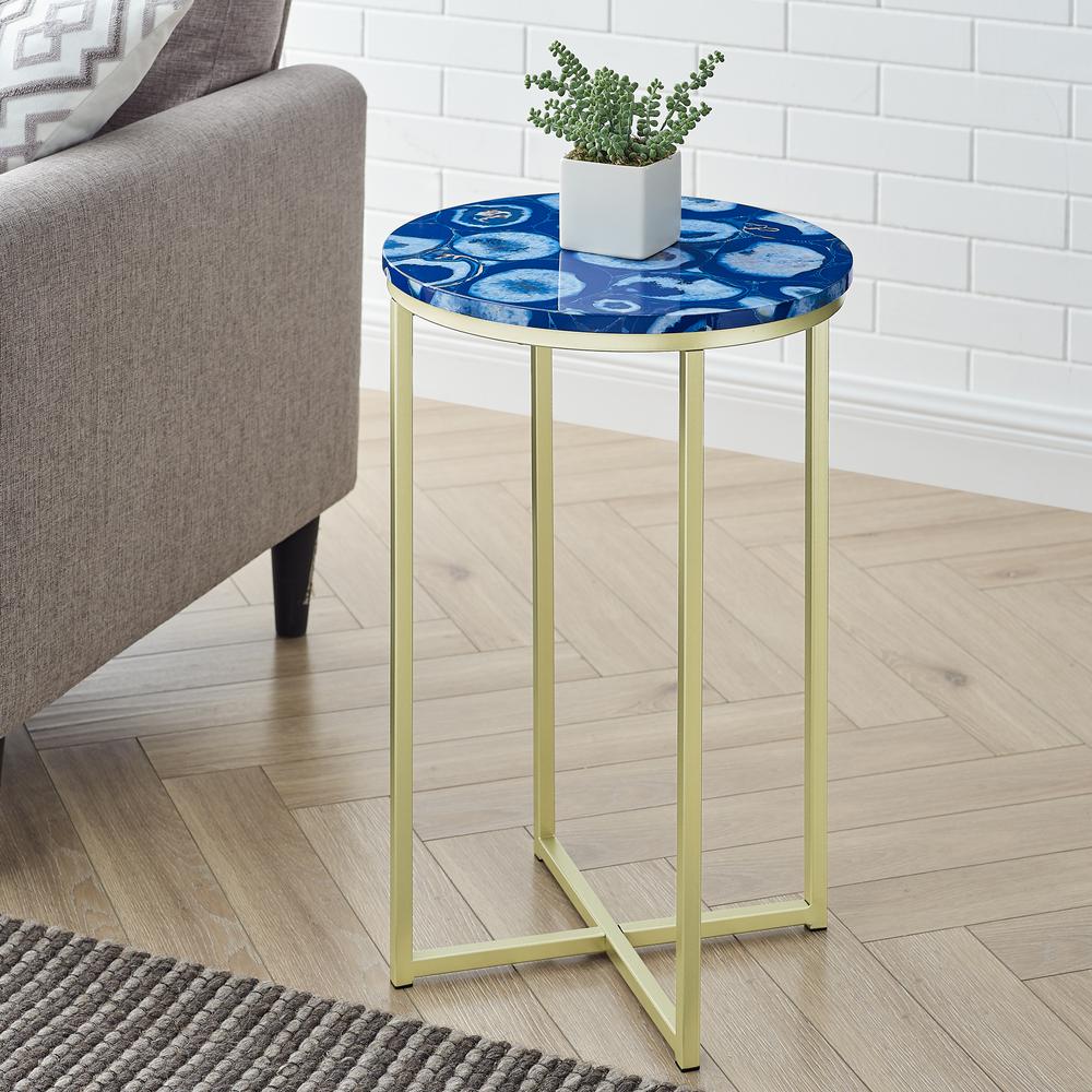 Melissa 16" Faux Stone Round Glam Side Table - Faux Blue Agate/Gold. Picture 1