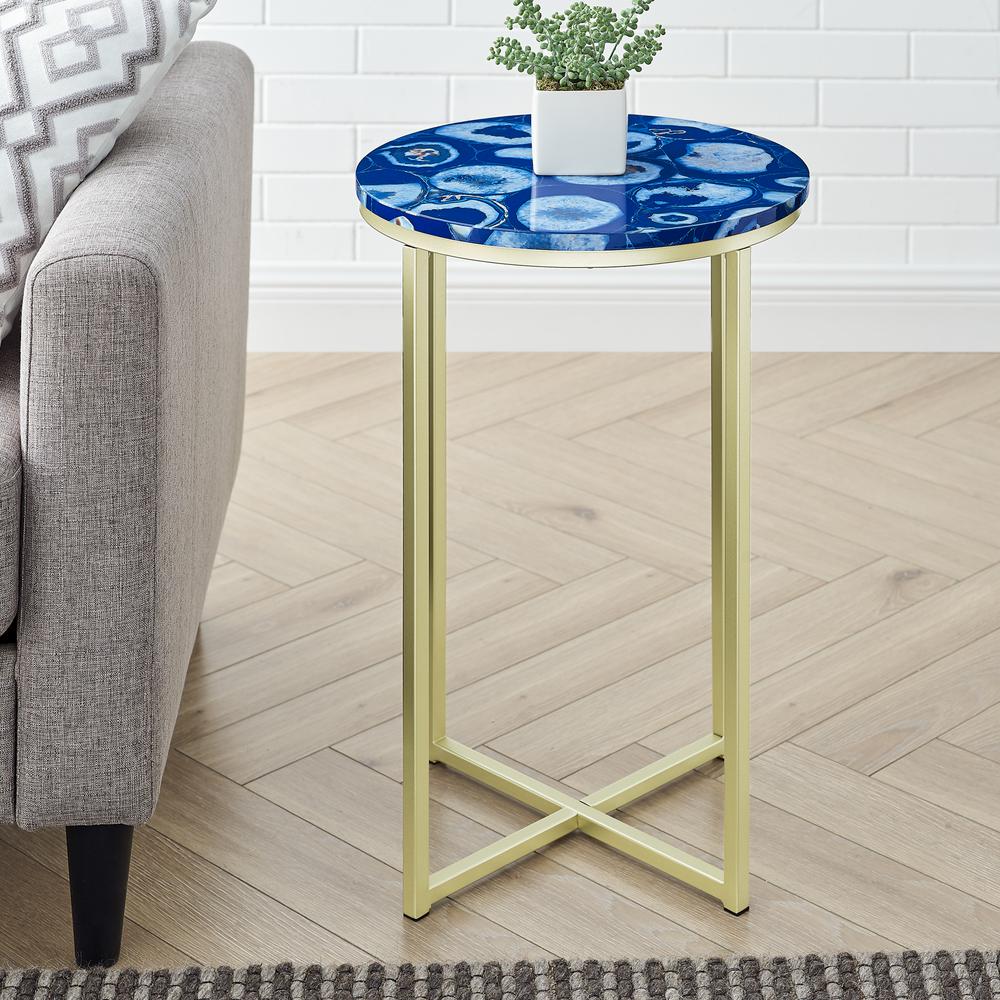 Melissa 16" Faux Stone Round Glam Side Table - Faux Blue Agate/Gold. Picture 2