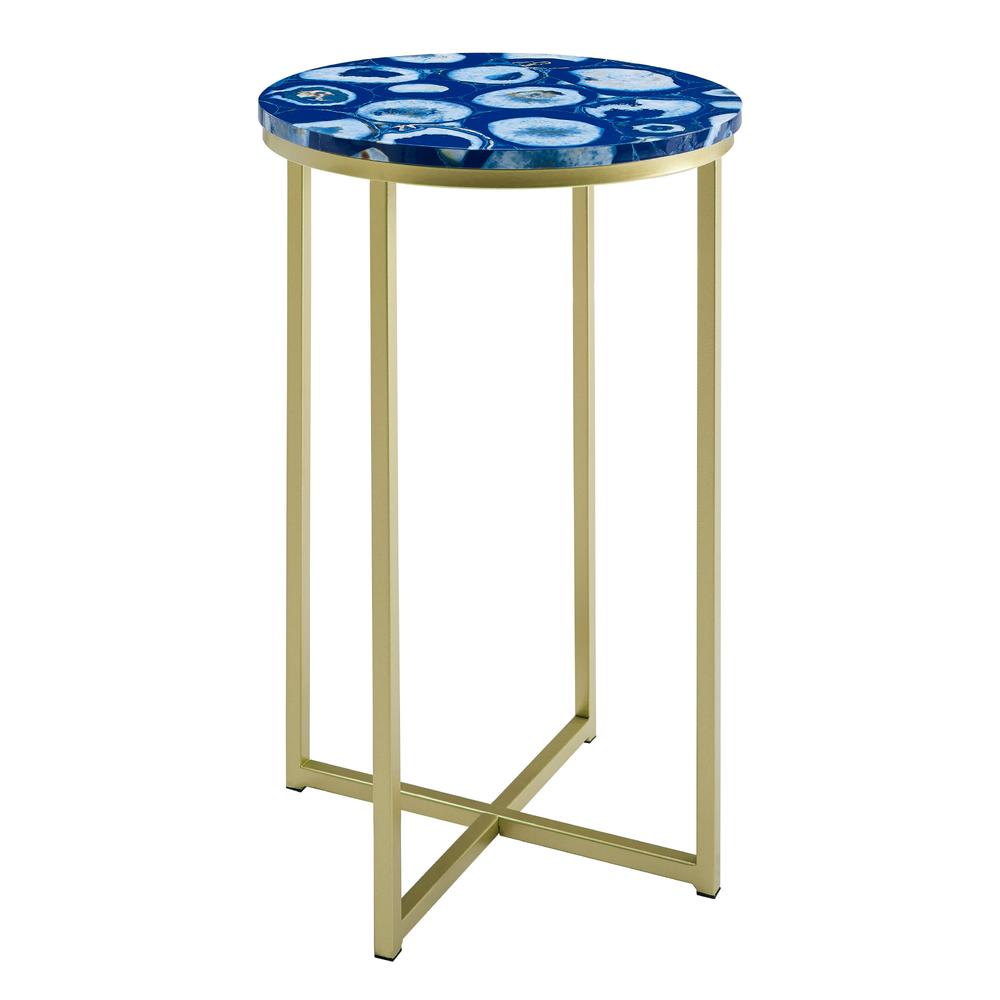 Melissa 16" Faux Stone Round Glam Side Table - Faux Blue Agate/Gold. Picture 3