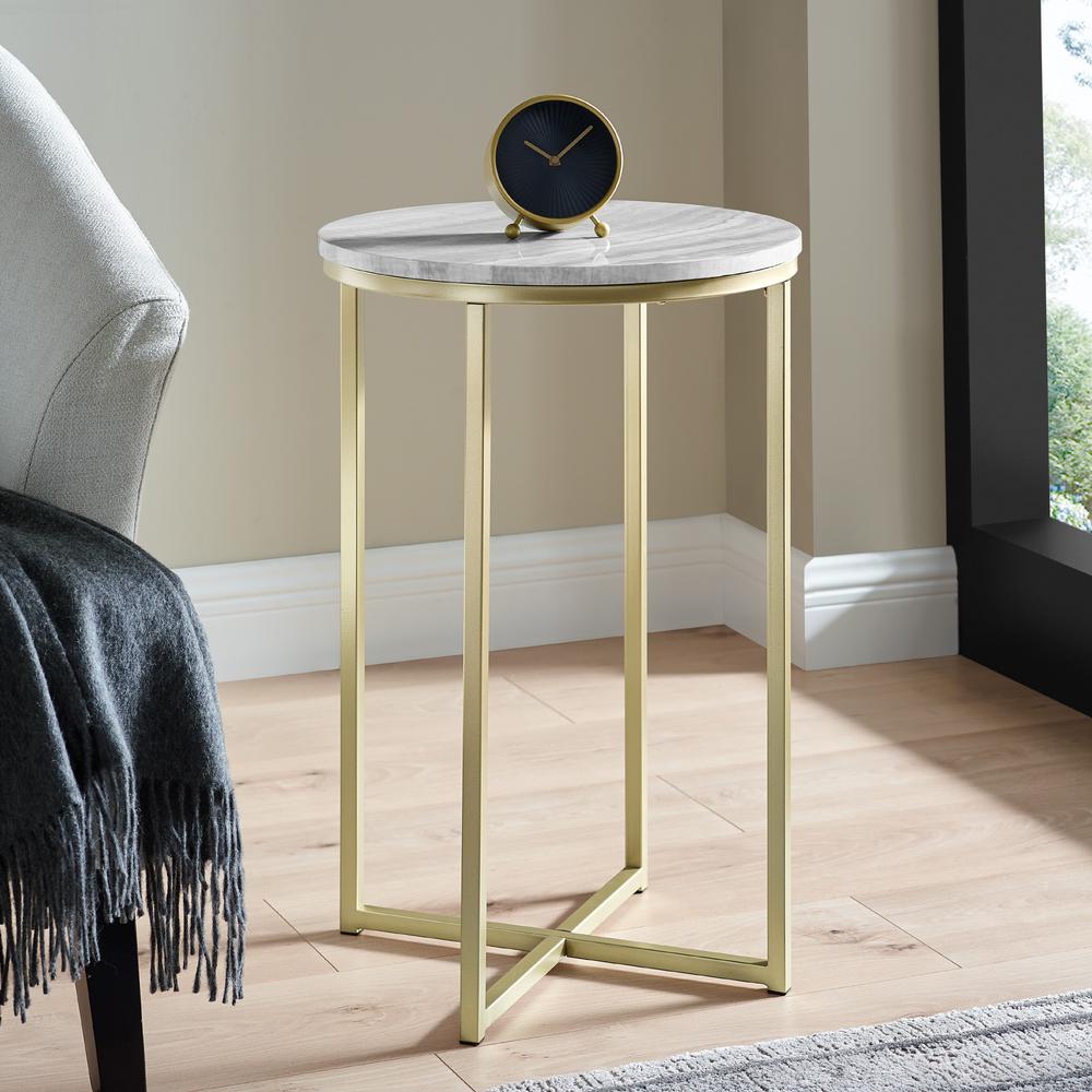 Melissa 16" Faux Stone Round Glam Side Table - Faux Grey Vein Cut Marble/Gold. Picture 5