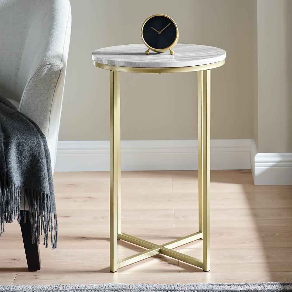 Melissa 16" Faux Stone Round Glam Side Table - Faux Grey Vein Cut Marble/Gold. Picture 4