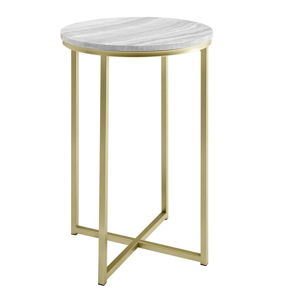 Melissa 16" Faux Stone Round Glam Side Table - Faux Grey Vein Cut Marble/Gold. Picture 1