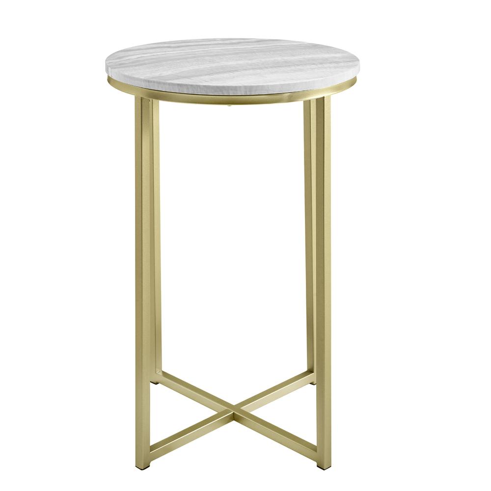 Melissa 16" Faux Stone Round Glam Side Table - Faux Grey Vein Cut Marble/Gold. Picture 2