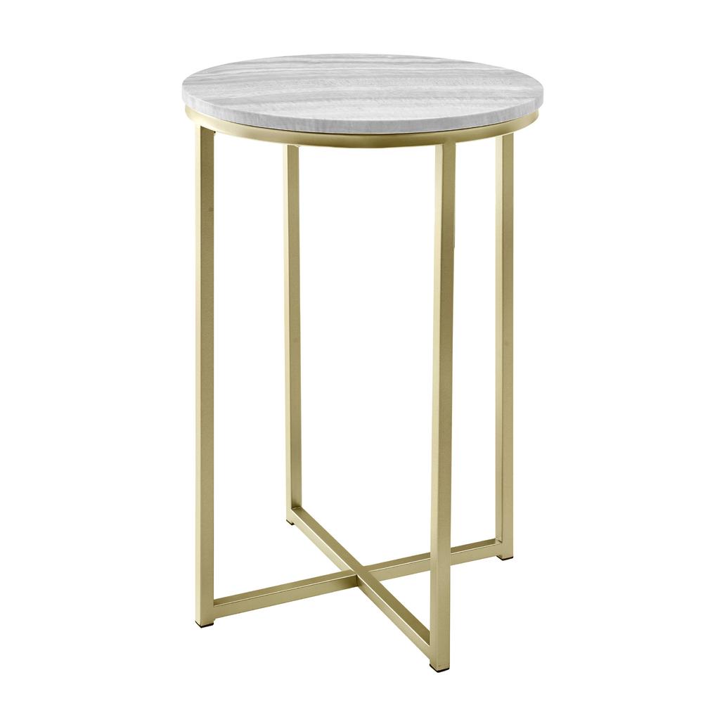 Melissa 16" Faux Stone Round Glam Side Table - Faux Grey Vein Cut Marble/Gold. Picture 3